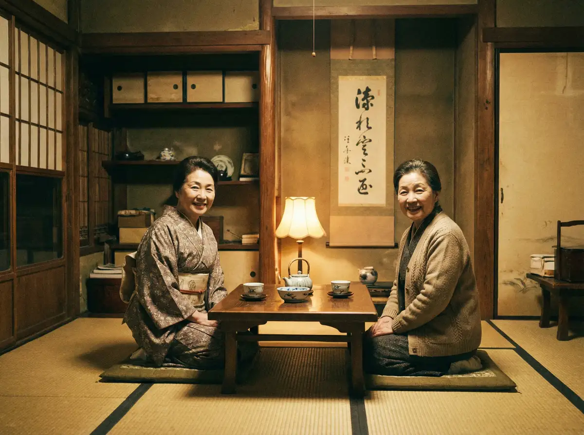 两位优雅的 果冻传媒天美传媒在线看 在日式茶室中品茶交谈